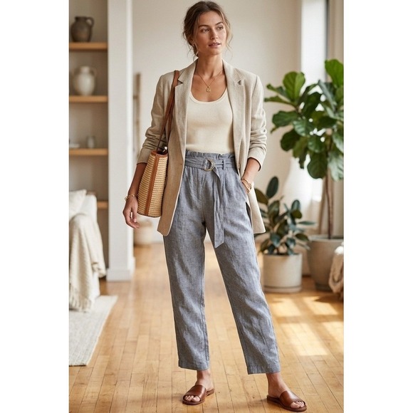 Anne Klein Pants - Anne Klein Paperbag Waist Pants Womens Large Blue Linen Blend Belted Casual Chic